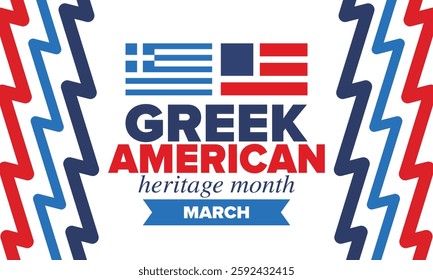 Greek American Heritage Month. Greece and United States flag. Greek blue color. Happy holiday celebrate in March. Culture month. Patriotic design. Poster, card, banner, template. Vector illustration