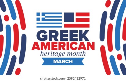 Greek American Heritage Month. Greece and United States flag. Greek blue color. Happy holiday celebrate in March. Culture month. Patriotic design. Poster, card, banner, template. Vector illustration