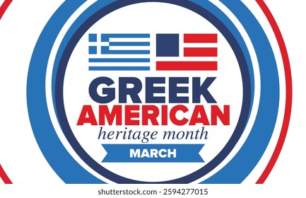 Greek American Heritage Month. Greece and United States flag. Greek blue color. Happy holiday celebrate in March. Culture month. Patriotic design. Poster, card, banner, template. Vector illustration