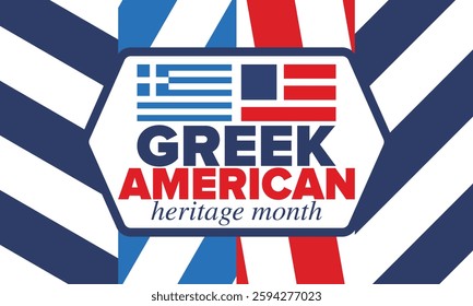Greek American Heritage Month. Greece and United States flag. Greek blue color. Happy holiday celebrate in March. Culture month. Patriotic design. Poster, card, banner, template. Vector illustration