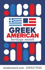 Greek American Heritage Month. Greece and United States flag. Greek blue color. Happy holiday celebrate in March. Culture month. Patriotic design. Poster, card, banner, template. Vector illustration