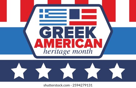 Greek American Heritage Month. Greece and United States flag. Greek blue color. Happy holiday celebrate in March. Culture month. Patriotic design. Poster, card, banner, template. Vector illustration
