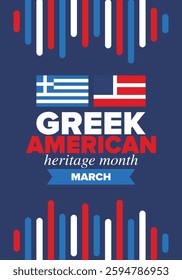 Greek American Heritage Month. Greece and United States flag. Greek blue color. Happy holiday celebrate in March. Culture month. Patriotic design. Poster, card, banner, template. Vector illustration