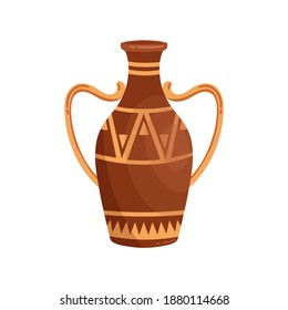 Greek amphora with handles vector flat illustration. Ancient clay vase with traditional Hellenic ornaments isolated on white background. Antique grecian pottery, decorated vessel