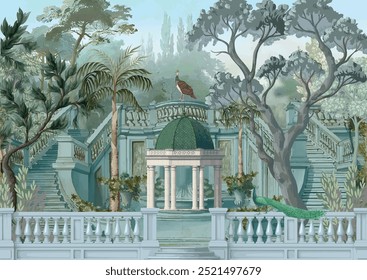 Greek ancient architecture, bird, botanical, peacock, landscape illustration for wallpaper
