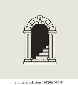 Antiguo arco griego. Mínimo arte lineal e ilustraciones dibujadas a mano. Ilustración vectorial editable, entrada de arquitectura de arco antiguo e icono de escalera