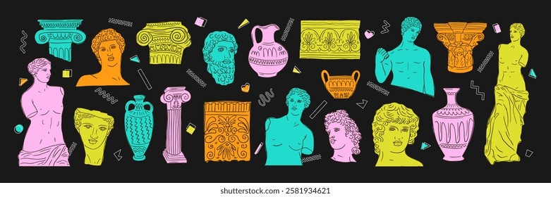 Greek ancient art set, various antique statues, sculptures. Heads, vase, body. Vector hand drawn illustrations, stickers in trendy modern style