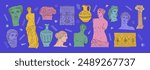 Greek ancient big set, various antique statues. Heads, vase, body. Vector hand drawn illustrations of classic sculpture in trendy modern style