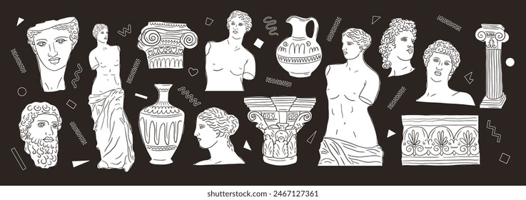 Greek ancient big set, various antique statues. Heads, vase, body. Vector hand drawn illustrations of classic sculpture in trendy style.