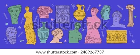 Greek ancient big set, various antique statues. Heads, vase, body. Vector hand drawn illustrations of classic sculpture in trendy modern style