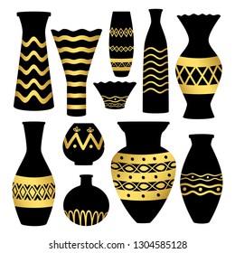 Greek ancient bowls and vases with golden patterns. Vase ancient greek pottery, amphora and greece. Vector illustration