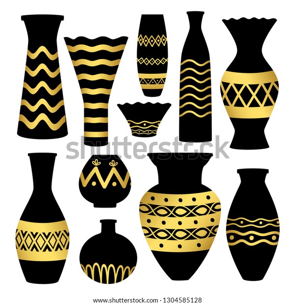 Greek Ancient Bowls Vases Golden Patterns Stock Vector Royalty