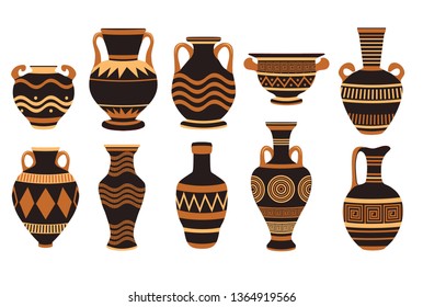 Greek ancient bowls and vases with patterns. Vase ancient greek pottery, amphora and greece. Vector illustration