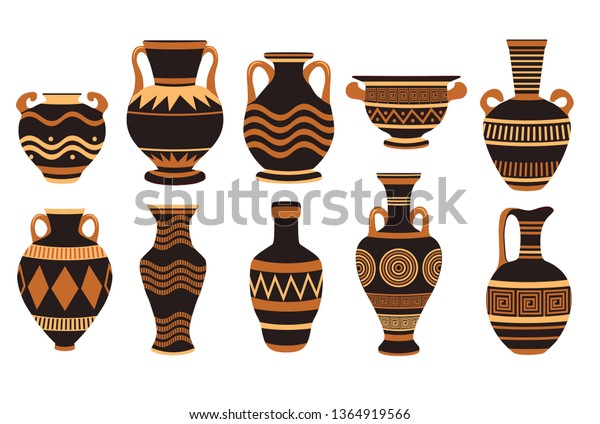 Greek ancient\
bowls and vases with patterns. Vase ancient greek pottery, amphora\
and greece. Vector\
illustration