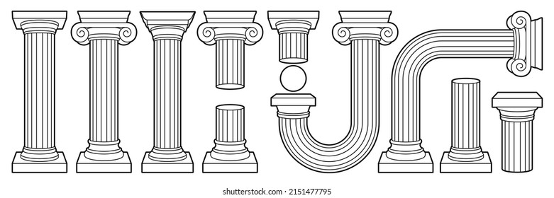 Greek ancient column, pillar, pedestal in outline contemporary style. Classic and surreal geometric shapes. Vector illustrations of distorted, crooked, curved columns, arch. Black and white colors.