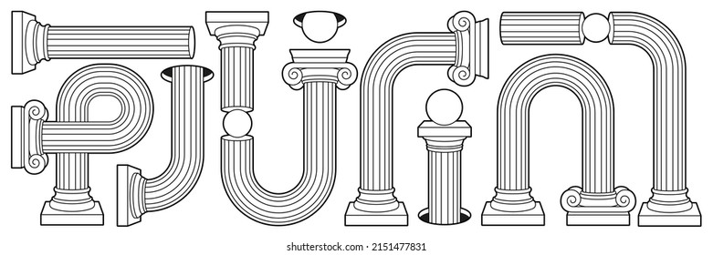 Greek ancient column, pillar, pedestal in outline contemporary style. Classic and surreal geometric shapes. Vector illustrations of distorted, crooked, curved columns, arch. Black and white colors.