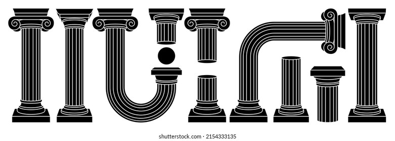 Greek Ancient Column, Pillar, Pedestal In Outline Contemporary Style. Classic And Surreal Geometric Shapes. Vector Illustrations Of Distorted, Crooked, Curved Columns, Arch. Black And White Colors.