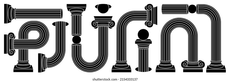 Greek ancient column, pillar, pedestal in outline contemporary style. Classic and surreal geometric shapes. Vector illustrations of distorted, crooked, curved columns, arch. Black and white colors.