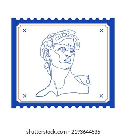 Greek ancient David stamp. Postage frame sticker greece mythology line art, vintage statue sketch. Vector illustration