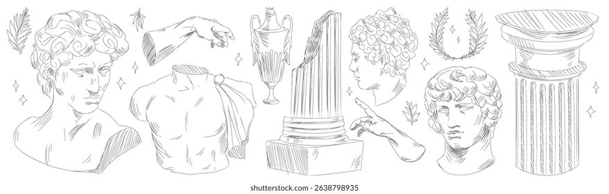 Greek ancient doodle collection with classical elements - line art statues with curly hair, torso sculptures, fluted columns, laurel wreaths and amphora vessels. Sketched archaeological artifacts.