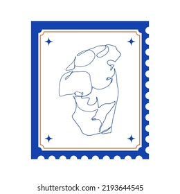 Greek ancient god stamp. Postage frame sticker greece mythology one line art, vintage statue sketch. Vector illustration