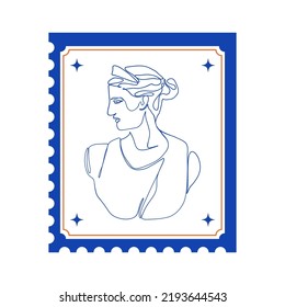 Greek ancient goddess stamp. Postage frame sticker greece mythology line art, vintage statue sketch. Vector graphic