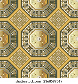 Greek ancient mosaic style tribal ethnic seamless pattern. Vector gold background. Repeat colorful greece backdrop. Beautiful geometric ornaments with greek key, meanders, octagon, rhombus, shapes.