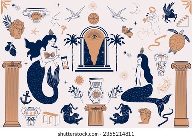 Greek ancient posters with mythology and mystical elements. Mermaids, arch, greek sculpture, ceramic vase, mystical elements. Editable print art.