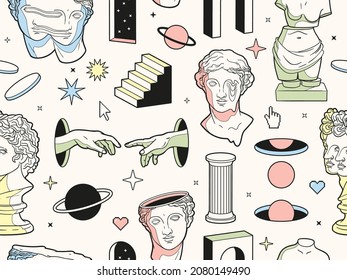 Greek ancient sculpture background with surreal elements. Seamless pattern with modern statues and cosmic space elements in trendy psychedelic weird style. Pastel colors.