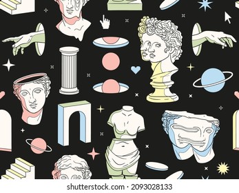 Greek ancient sculpture background with surreal elements. Seamless pattern with modern statues and cosmic space elements in trendy psychedelic weird style. Pastel colors.