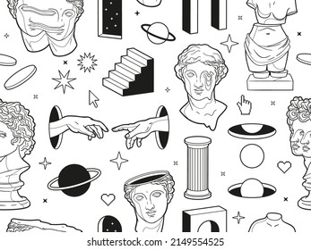 Greek ancient sculpture background with surreal elements. Seamless pattern with modern statues and cosmic space elements in trendy psychedelic weird style. Black and white colors.