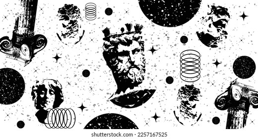 Greek ancient sculpture background with surreal elements. Seamless pattern with statues and space elements vector illustration. isolated in black and white colors.