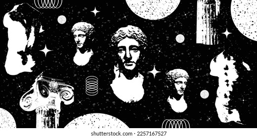 Greek ancient sculpture background with surreal elements. Seamless pattern with statues and space elements vector illustration. isolated in black and white colors.