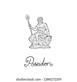 Greek ancient sculpture drawing. Mythical god of sea with trident sitting on rock isolated single symbol. Old man resting graphic. Hand drawn human body silhouette. Calligraphy letters font text.