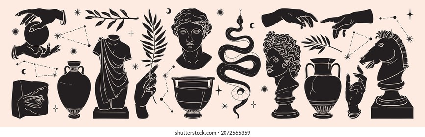Greek ancient sculpture mystic set. Vector hand drawn illustrations of antique classic statues in trendy bohemian style. Boho tattoo art. Heads, horse, branch, vase, column, snake, hands, body, stars.