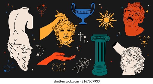 Greek ancient sculpture mystic set. Vector hand drawn illustrations of antique classic statues in trendy style. Heads, branch, vase, column, hands, body and space elements.