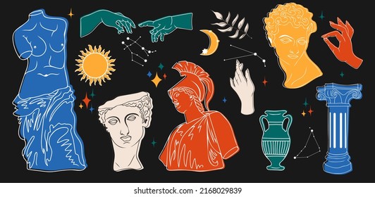 Greek ancient sculpture mystic set. Vector hand drawn illustrations of antique classic statues in trendy bohemian style. Heads, branch, vase, column, hands, body, stars, moon.