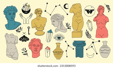 Greek ancient sculpture mystic set. Hand drawn illustrations of antique classic statues in trendy bohemian style. Boho tattoo art. Heads, branch, vase, column, hands, body, stars.