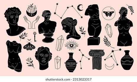 Greek ancient sculpture mystic set. Hand drawn illustrations of antique classic statues in trendy bohemian style. Boho tattoo art. Heads, branch, vase, column, hands, body, stars.