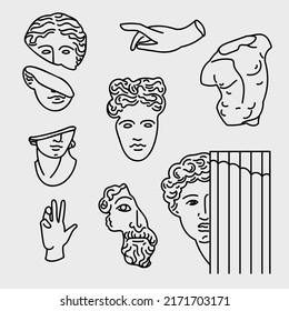 Greek ancient sculpture and neon set. Vector contour illustrations of modern statues and ancient elements in a trendy style.