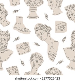 Greek ancient sculpture seamless pattern. Classic greek god and goddess sculptures, antique marble heads and body parts flat vector background illustration