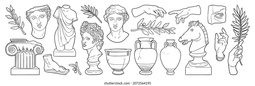 Greek ancient sculpture set. Vector hand drawn illustrations of antique classic statues in modern style. Ink black and white art. Heads, horse, branch, vase, column, amphora, hands, body. - Shutterstock ID 2072564195