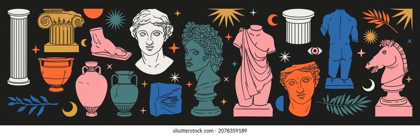Greek ancient sculpture set. Vector hand drawn illustrations of antique classic statues in trendy modern style. Heads, horse, branch, vase, column, snake, hands, body, stars.