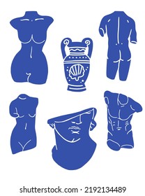 Greek ancient sculpture set. Vector hand drawn illustrations of antique classic statues in modern style.