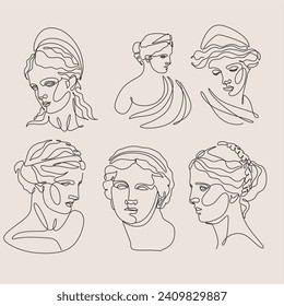 Greek ancient sculpture set. Vector hand drawn illustrations of antique classic statues in modern style. Ink black and white art. 