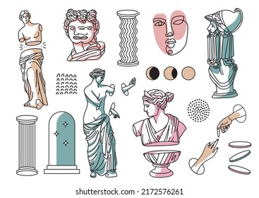 Greek ancient sculpture and surreal trippy set. Psychedelic outline modern statues and cosmic space elements in trendy weird style. Linear vector illustration.