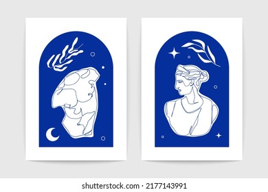 Greek ancient sculptures. Abstract posters classic Greece aesthetic, hand drawn goddess statue, boho modern vector set