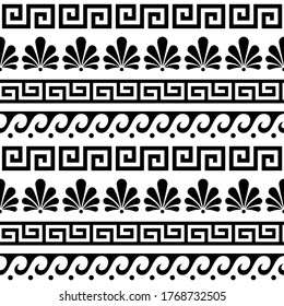 Greek ancient seamless vector pattern - floral and geometric repetitive ornament, key pattern in black and white. Traditional monochrome background with floral shapes inspired by traditional art 