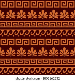 Greek ancient seamless vector pattern set - floral and geometric repetitive ornament, key pattern in brown and orange. Traditional background with floral shapes inspired by traditional art from Greece