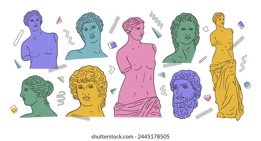 Greek ancient set, various antique statues. Heads, vase, body. Vector hand drawn illustrations of classic sculpture in trendy modern style